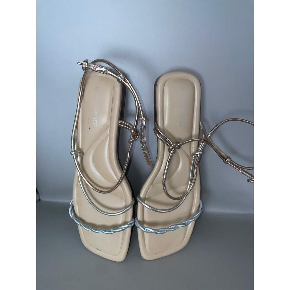 Marc Fisher Womens 8M Mixed Metal Strappy Square Toe Flat Sandals Gold Silver
